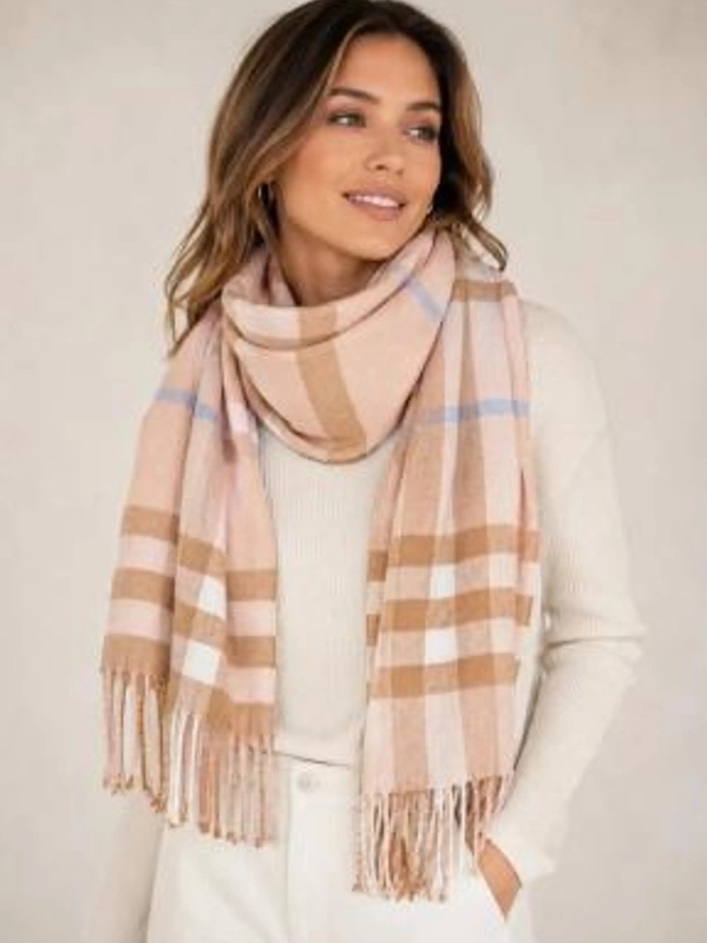 Gap Cozy Plaid Fringe Scarf - Pink & Tan NWT